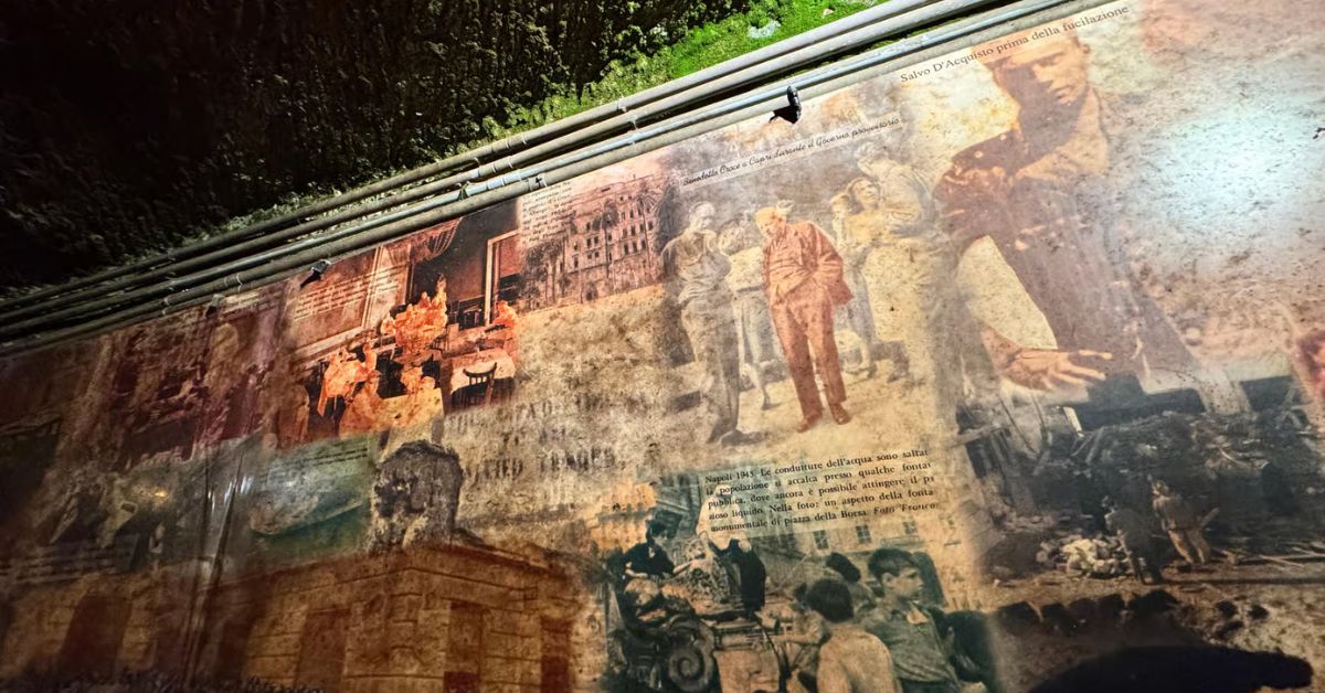 Pared con detalles históricos de Nápoles durante la guerra